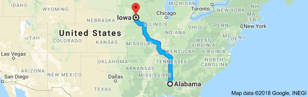 Alabama to Iowa Auto Transport Route