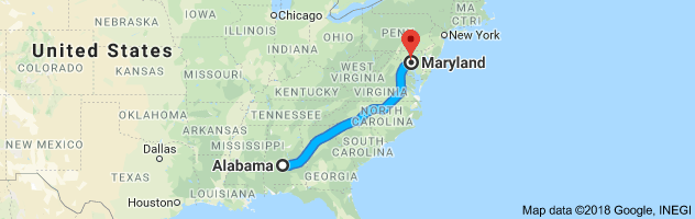 Alabama to Maryland Auto Transport Route