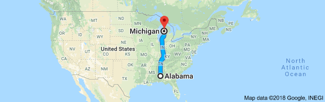 Alabama to Michigan Auto Transport Route