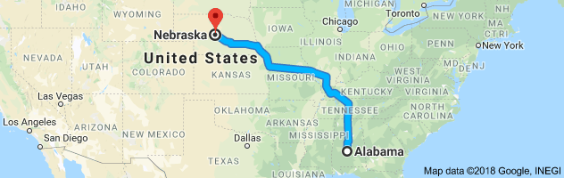 Alabama to Nebraska Auto Transport Route