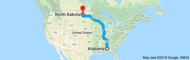 Alabama to North Dakota Auto Transport Route