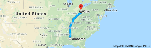 Alabama to Ohio Auto Transport Route