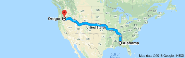 Alabama to Oregon Auto Transport Route