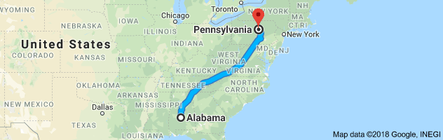 Alabama to Pennsylvania Auto Transport Route
