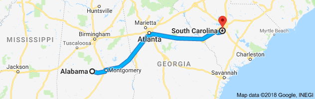 Alabama to South Carolina Auto Transport Route
