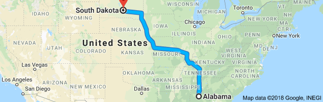 Alabama to South Dakota Auto Transport Route