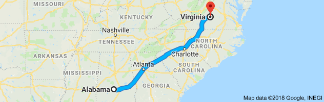 Alabama to Virginia Auto Transport Route