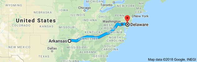Arkansas to Delaware Auto Transport Route