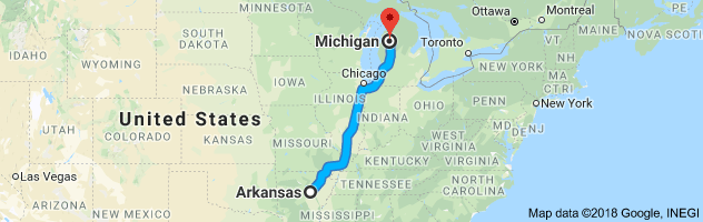 Arkansas to Michigan Auto Transport Route