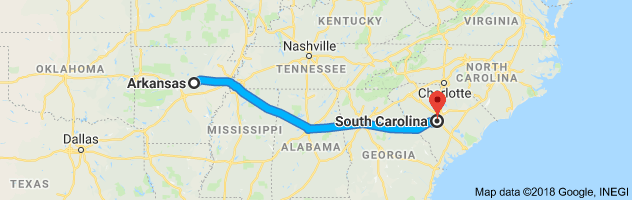 Arkansas to South Carolina Auto Transport Route