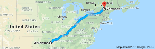 Arkansas to Vermont Auto Transport Route