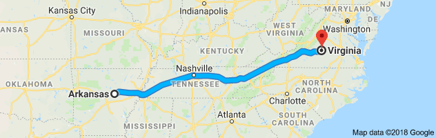 Arkansas to Virginia Auto Transport Route