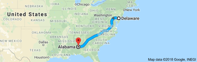 Delaware to Alabama Auto Transport Route