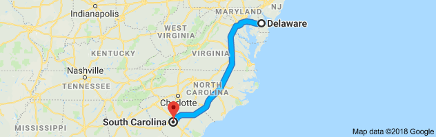 Delaware to South Carolina Auto Transport Route