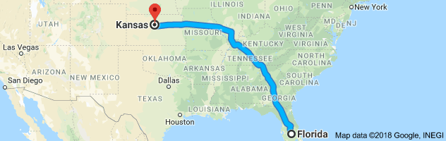 Florida to Kansas Auto Transport Route