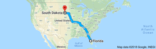 Florida to South Dakota Auto Transport Route