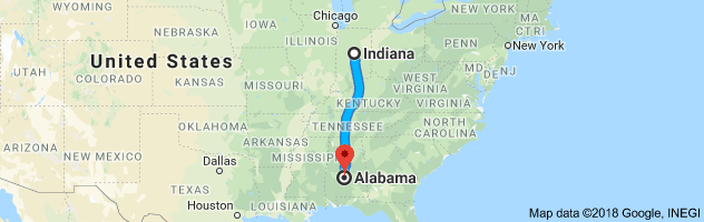 Indiana to Alabama Auto Transport Route