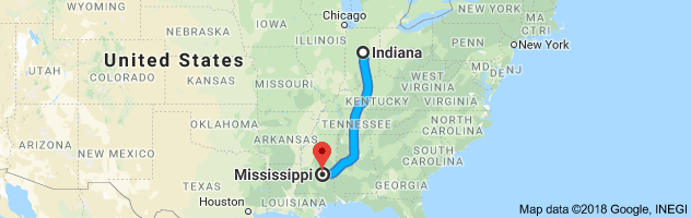 Indiana to Mississippi Auto Transport Route