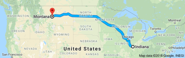 Indiana to Montana Auto Transport Route