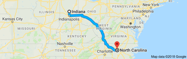 Indiana to North Carolina Auto Transport Route