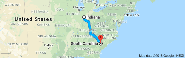 Indiana to South Carolina Auto Transport Route