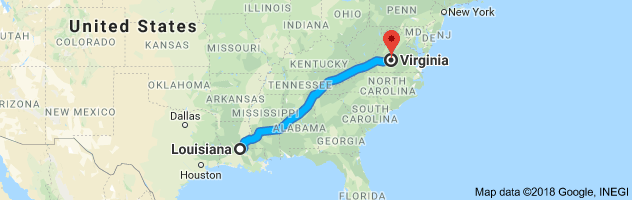 Louisiana to Virginia Auto Transport Route