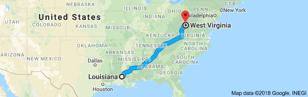 Louisiana to West Virginia Auto Transport Route