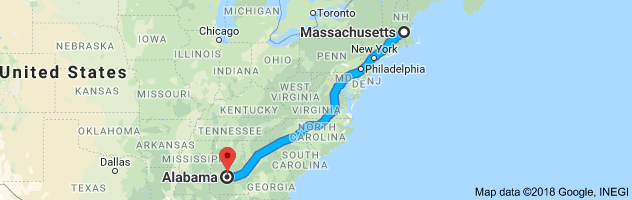 Massachusetts to Alabama Auto Transport Route