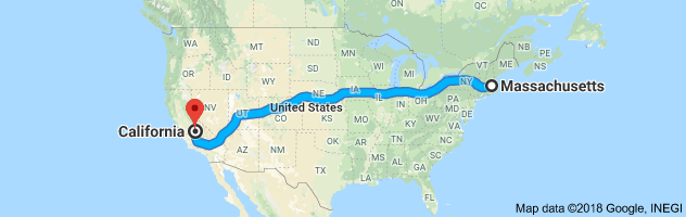 Massachusetts to California Auto Transport Route