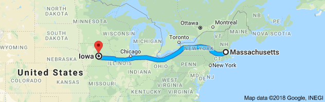 Massachusetts to Iowa Auto Transport Route