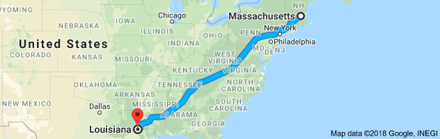 Massachusetts to Louisiana Auto Transport Route