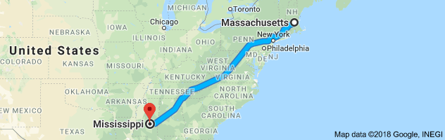 Massachusetts to Mississippi Auto Transport Route
