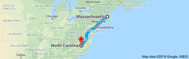 Massachusetts to North Carolina Auto Transport Route