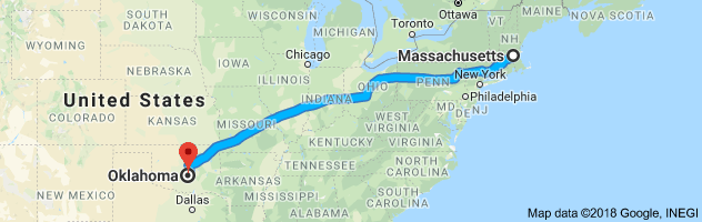 Massachusetts to Oklahoma Auto Transport Route