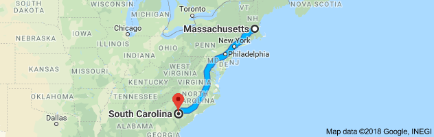 Massachusetts to South Carolina Auto Transport Route