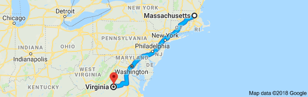 Massachusetts to Virginia Auto Transport Route