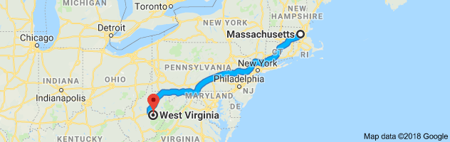 Massachusetts to West Virginia Auto Transport Route