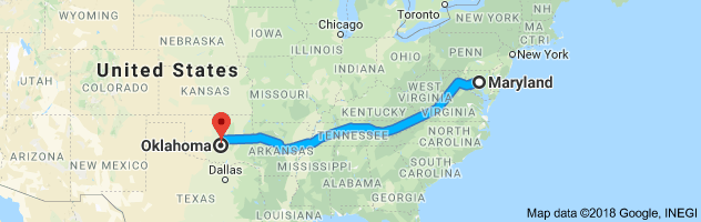 Maryland to Oklahoma Auto Transport Route