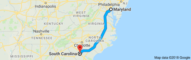 Maryland to South Carolina Auto Transport Route