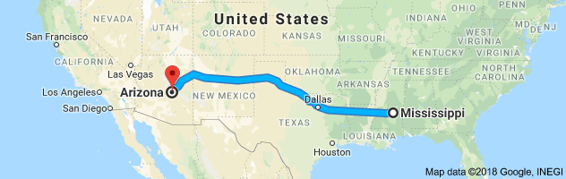 Mississippi to Arizona Auto Transport Route