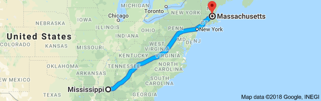 Mississippi to Massachusetts Auto Transport Route