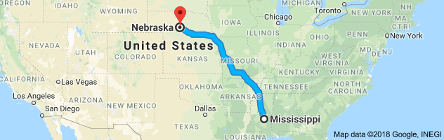 Mississippi to Nebraska Auto Transport Route