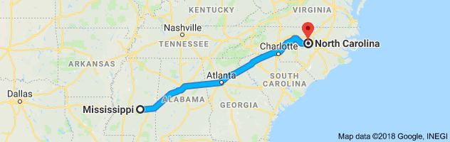 Mississippi to North Carolina Auto Transport Route