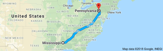 Mississippi to Pennsylvania Auto Transport Route