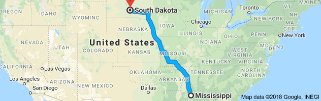 Mississippi to South Dakota Auto Transport Route
