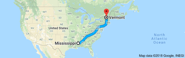 Mississippi to Vermont Auto Transport Route
