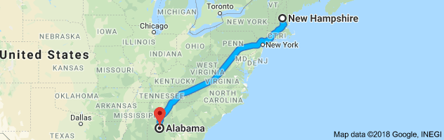 New Hampshire to Alabama Auto Transport Route
