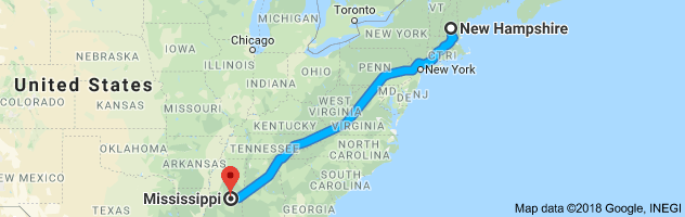 New Hampshire to Mississippi Auto Transport Route