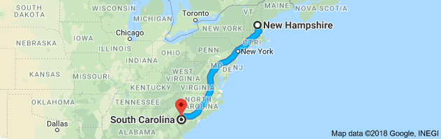 New Hampshire to South Carolina Auto Transport Route
