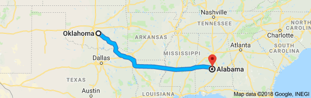 Oklahoma to Alabama Auto Transport Route